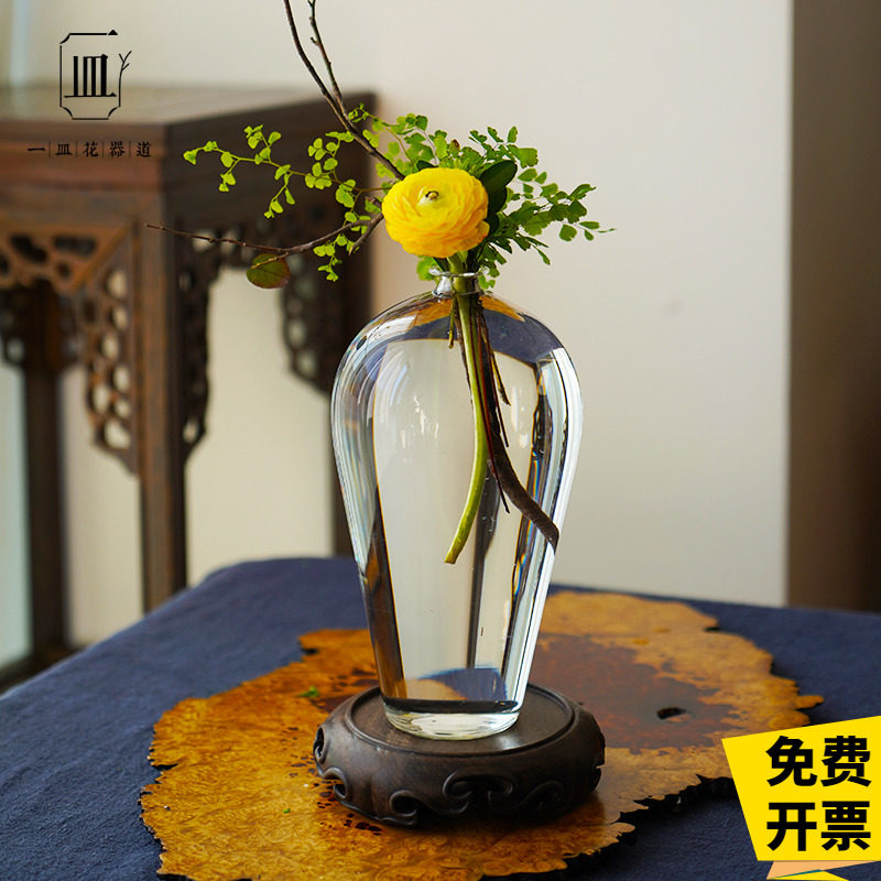 玻璃花艺花瓶透明花器禅意中式复古插花器皿水培水养梅瓶净瓶日式