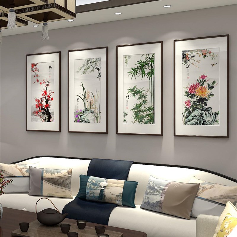 定做梅兰菊挂画新式客厅装饰竹画沙发背中景墙挂画四联中国风国画