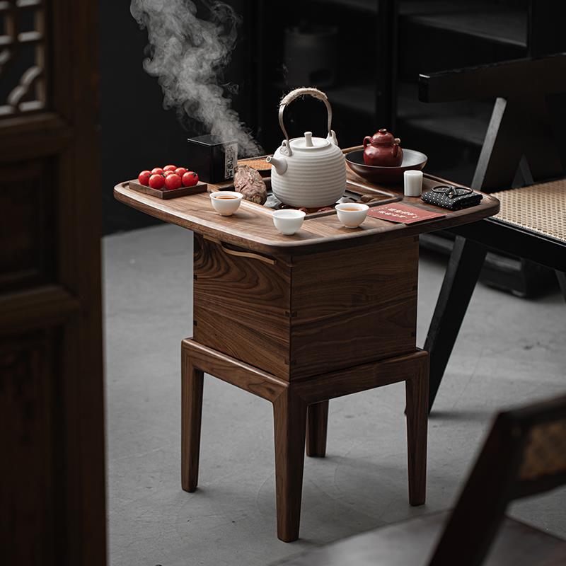胡桃木围炉茶桌烧炭铁盆茶台桌子茶空间冬日烤炉茶盘一体煮茶炉架