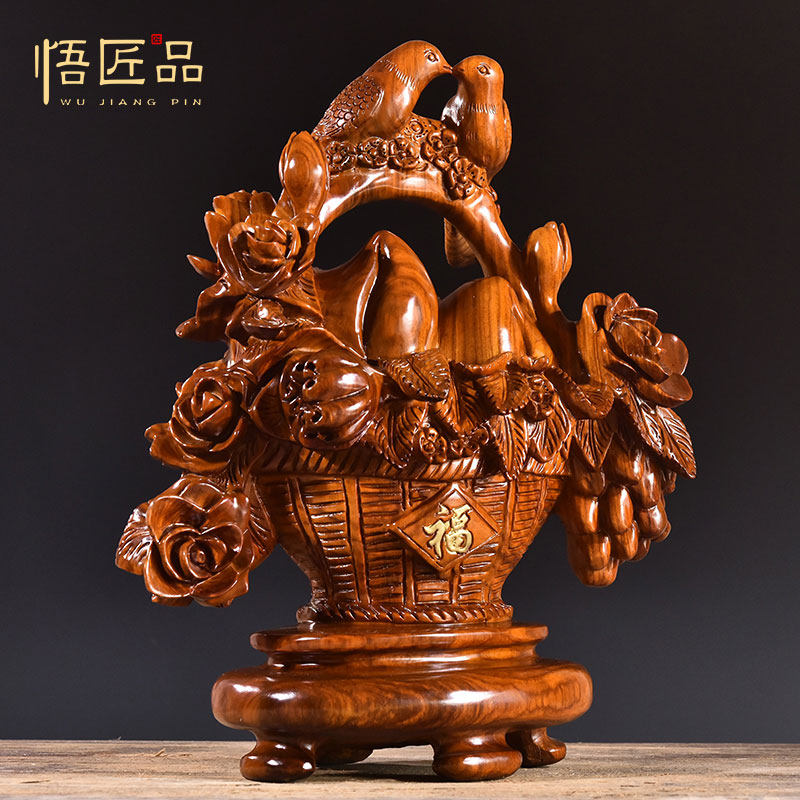 花梨木雕花开富贵摆件家居寓意客厅电视吉祥实木花篮饰品开业送礼