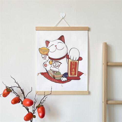 简约招财猫布艺挂画店面门口柜台奶茶店挂布装饰画服装店门上挂件
