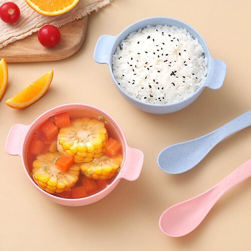 小麦秸秆碗带手柄儿童小学生吃饭喝汤碗塑料防摔带勺子餐具套装