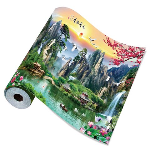 自粘风景贴画中式山水画贴纸客厅沙发背景墙招财装饰画大型墙壁画
