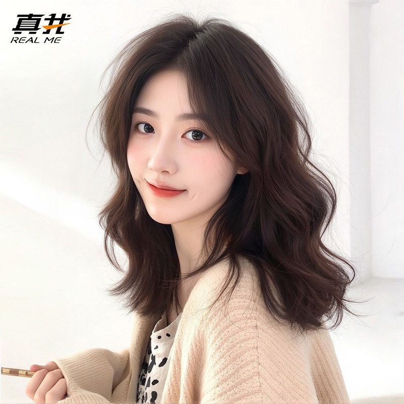 假发女全头套全h真发人发丝自然韩式微卷减龄锁骨发中长卷发全头