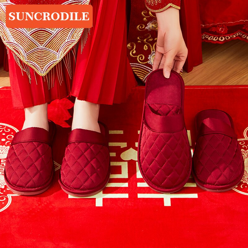 结婚拖鞋喜庆红色一对居家高级感缎面H陪嫁女防滑室内新婚拖鞋男