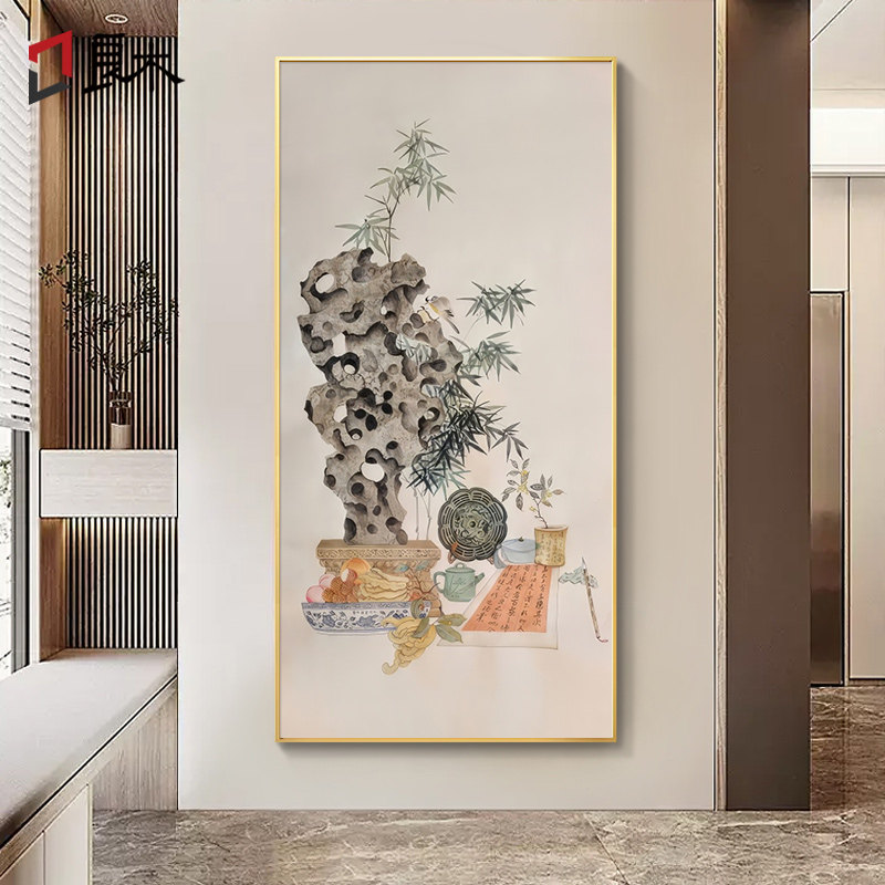 太湖石古风玄关手绘油画客厅新中式禅意装饰国画入户竹子竖版挂画