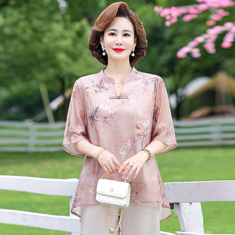 妈妈夏装短袖套装女中老年人雪纺T恤衫洋气奶奶新款夏季气质国风