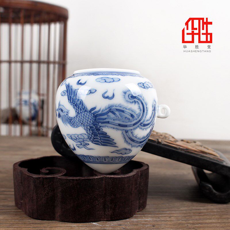华胜堂 景德镇手绘青花龙凤纹鸡心罐鸟食罐画眉缸鸟杯 鸟笼配件