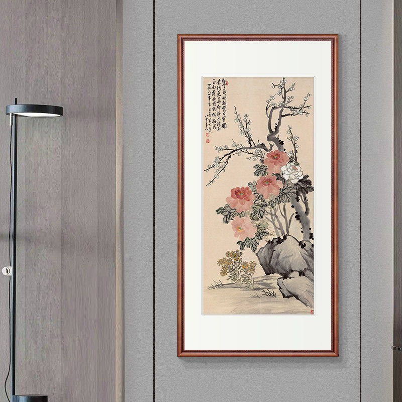 【十年老店】陈半丁国画新中式玄关装饰画竖版茶室挂画牡丹梅花图