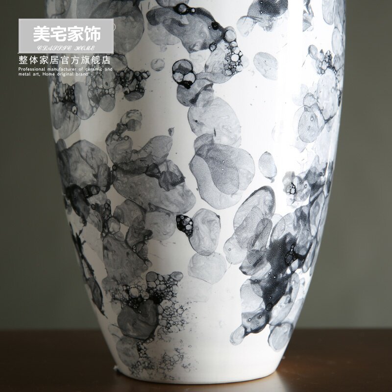 北欧大理石纹陶瓷花瓶 客厅干花插花花器餐桌装饰摆件 收口细腰瓶