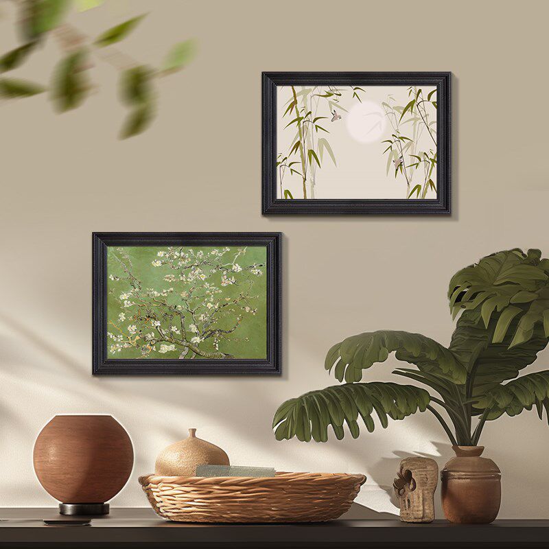 中古风玄关装饰画餐厅背景墙竹子挂画复古油画法式组合壁画高级感