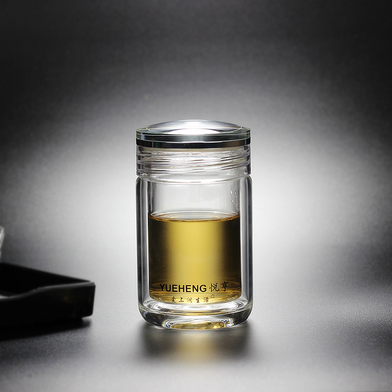 全透明水晶c盖双层迷你玻璃杯加厚便携小杯子高档礼品茶杯泡花茶