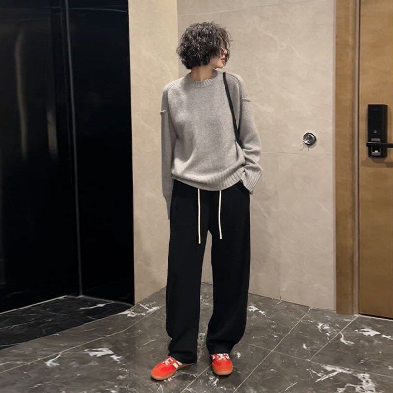 2024秋冬加绒裤子女米白色弯刀裤女宽松休闲直筒裤显瘦加厚阔腿裤