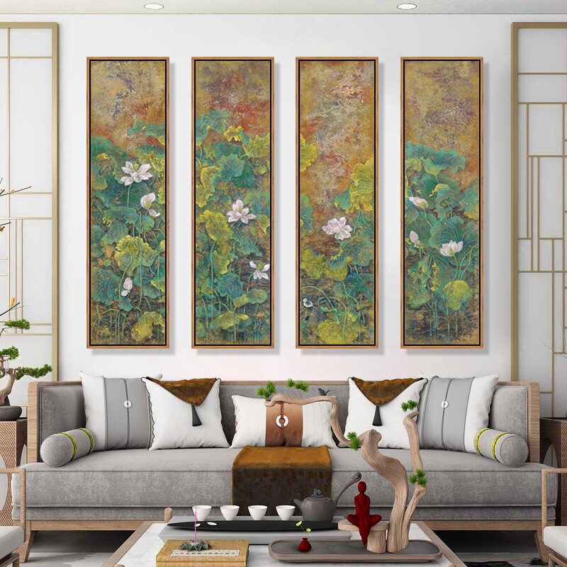 王迦楠荷花装饰画中式四条屏客厅酒店样板房挂画书房茶室壁画竖版