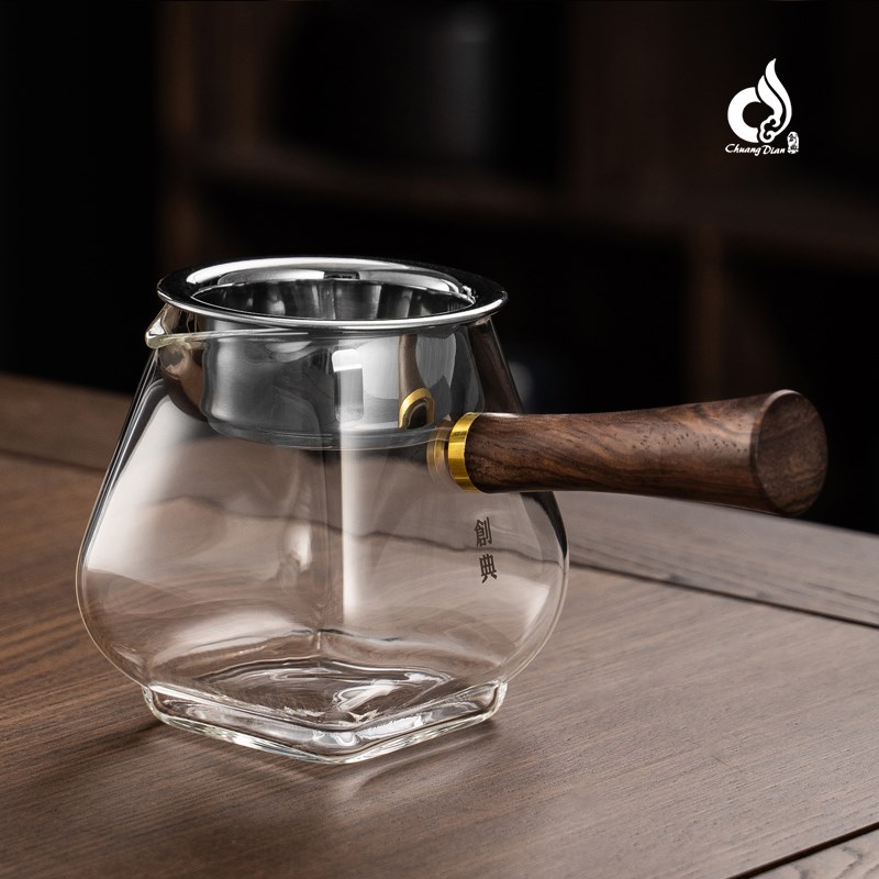 创典高档侧把木把玻璃公道杯加厚带茶漏一体套装高端茶海分茶器具