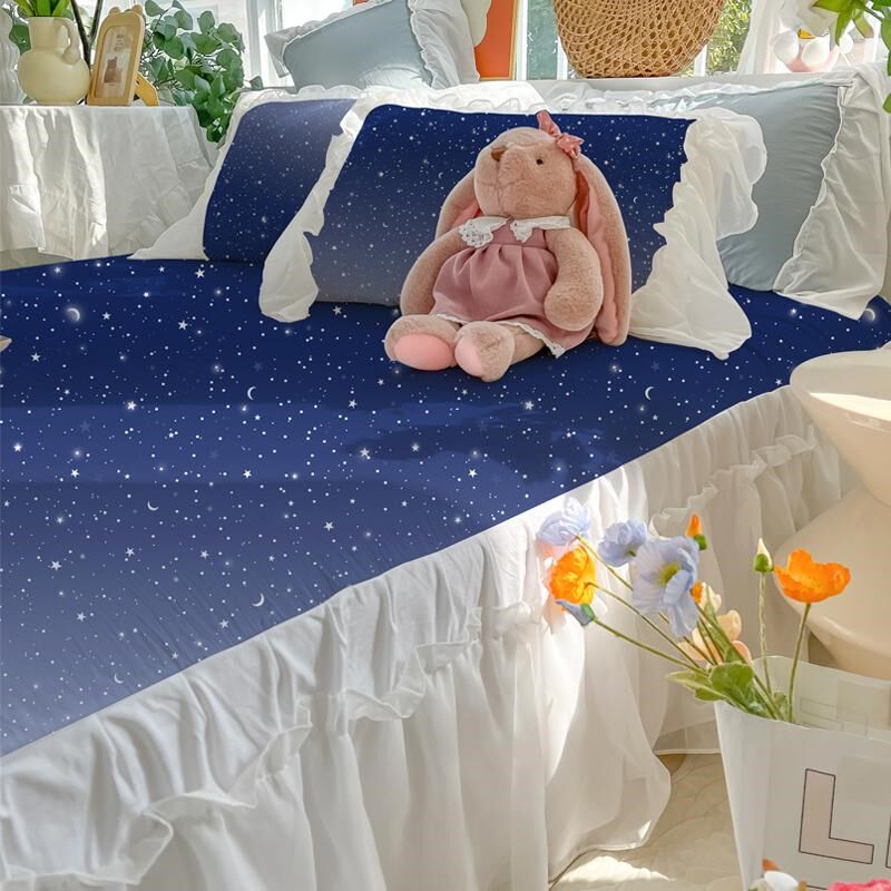 2025年新款仙女星空白纱花边水洗棉床裙四件套公主风被套床上用品