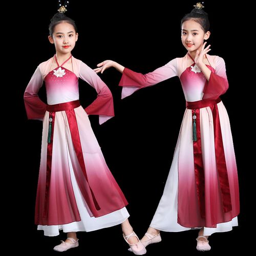 儿童古典舞演出服飘逸中国风舞蹈服装女童古风汉服表演扇子舞纱衣