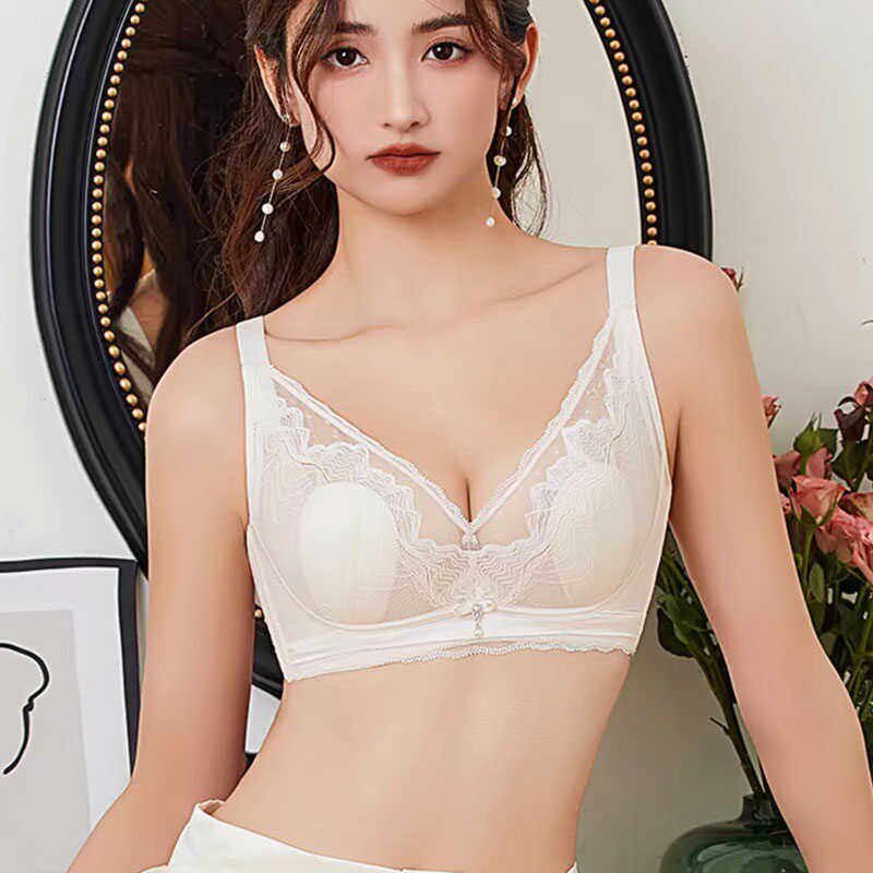 大胸显小薄款内衣女兔耳朵水x晶杯聚拢上托收副乳防下垂文胸套装