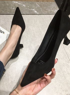 2021年新款秋冬黑色礼仪高跟鞋女职业G装工作单鞋尖头细跟低跟5cm