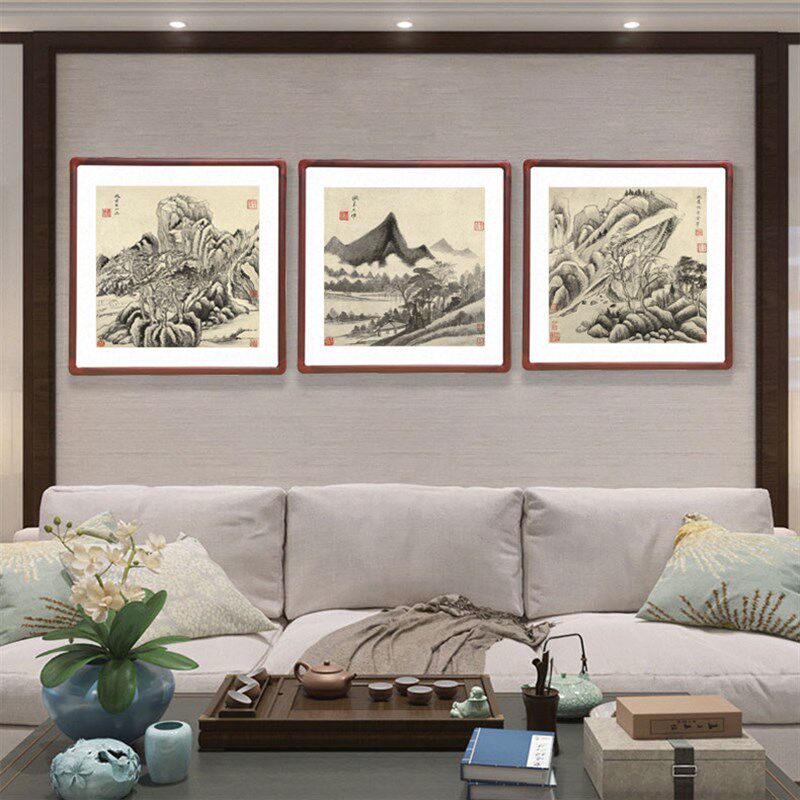 董其昌字画斗方形山水国画新中式客厅玄关带框壁画办公室风景挂画
