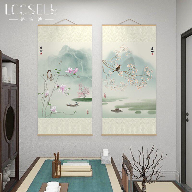 新中式竖版茶室装饰画二十四节气客厅书房背景墙挂轴壁画民宿卷轴