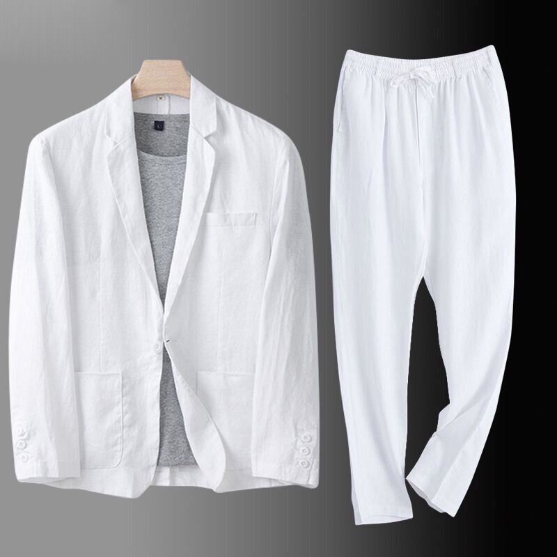 亚西装套装男夏西服男款宽松上衣外套棉西服夏天麻休闲