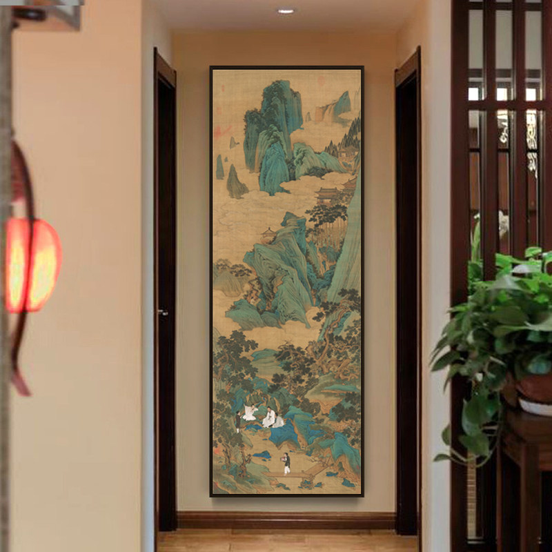 新中式入门玄关装饰画走廊竖版壁画山水水墨画书房餐厅挂画听琴图