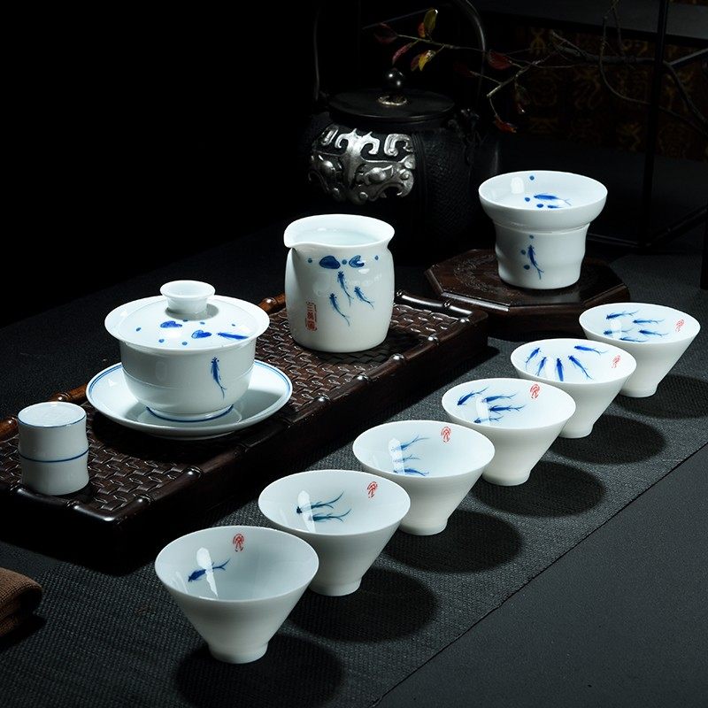 馨玉坊手绘青瓷功夫茶具套装整套白瓷家用简约盖碗茶杯茶壶礼品
