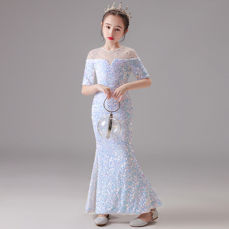 女童晚礼服公主裙白色鱼尾小主持人儿童高端模特钢琴演出服夏季长