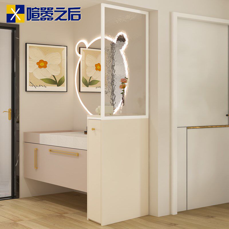 奶油风洗手台玻璃隔断柜半墙卫生间干湿分离浴室侧边柜窄柜8W33