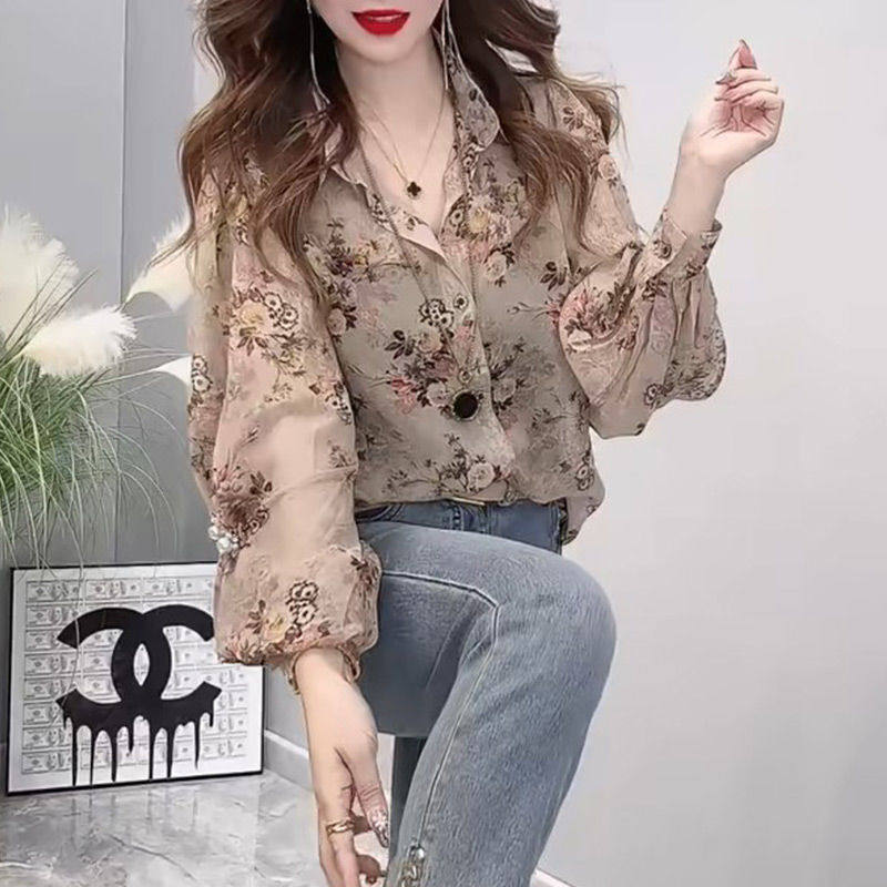 2024早春大码洋气o碎花长袖衬衫女新款宽松显瘦设计感灯笼袖衬衣
