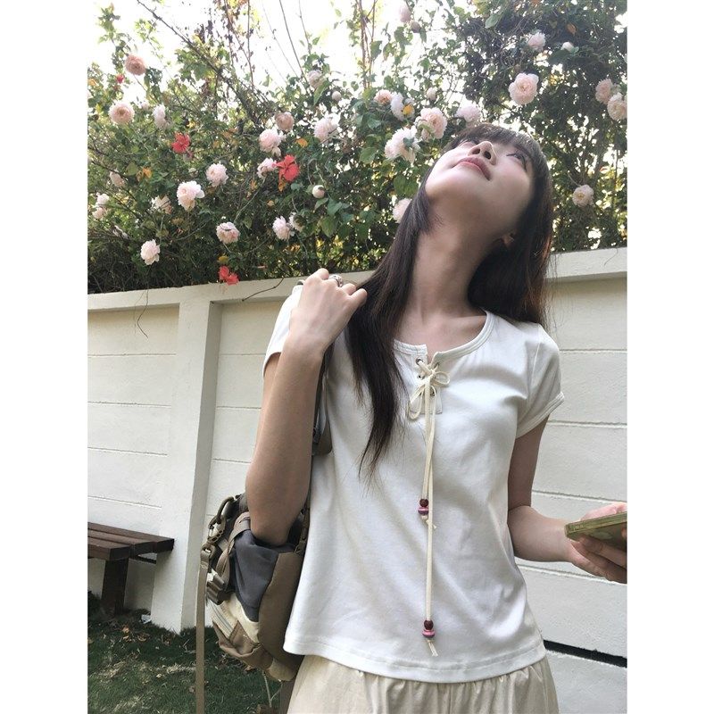 岛屿日记 初夏k古早味简约白色T恤正肩短款少女感T恤