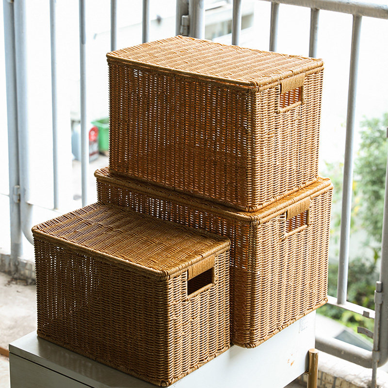 仿藤编储物收纳箱子有盖 家用整理箱衣柜收纳盒 后备X箱杂物筐简