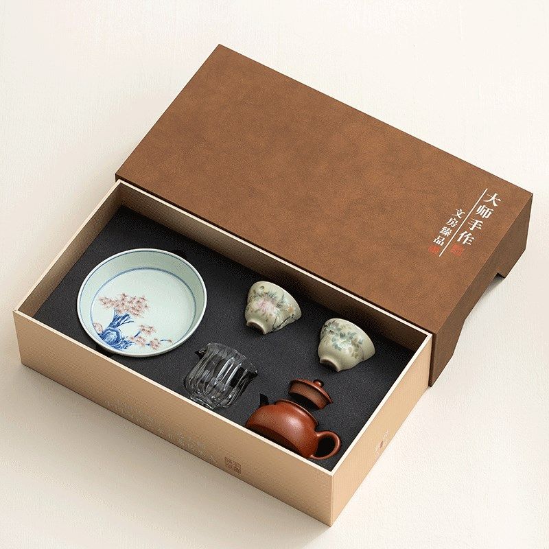 紫砂朱泥壶承 双杯梨皮平底套装茶具 高档功夫茶具