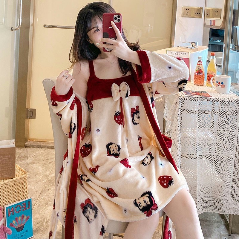 睡衣女秋冬季珊瑚绒可爱性感法兰绒系绳睡袍两件套睡裙春天家居服