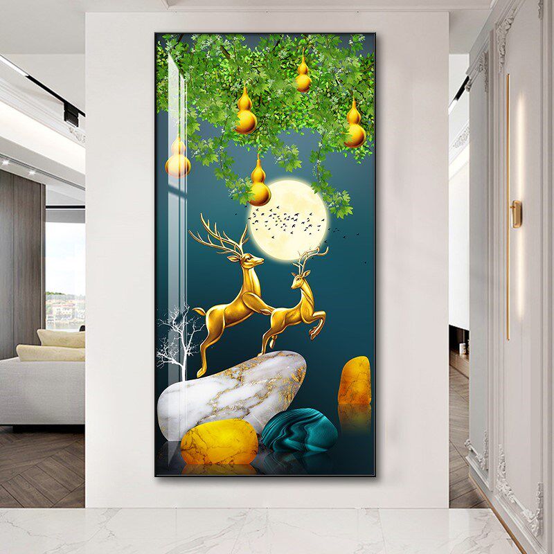 玄幻竖版走廊过道墙面挂画麋鹿招财晶瓷画五福临门入户玄关装饰画