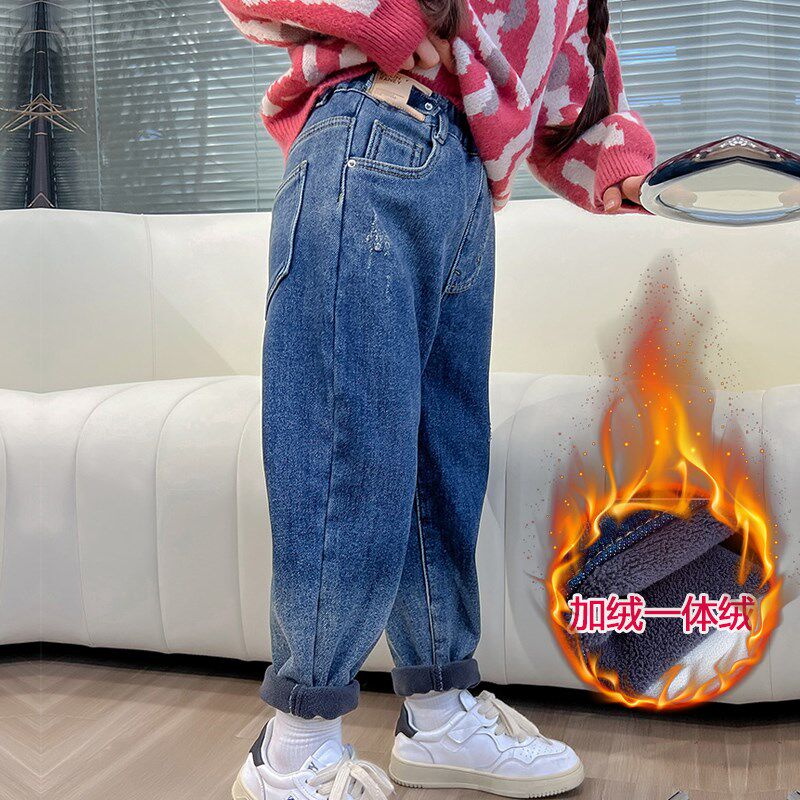 一体绒儿童冬季牛仔裤女童加绒加厚老爹裤中大童秋冬季外穿长裤子