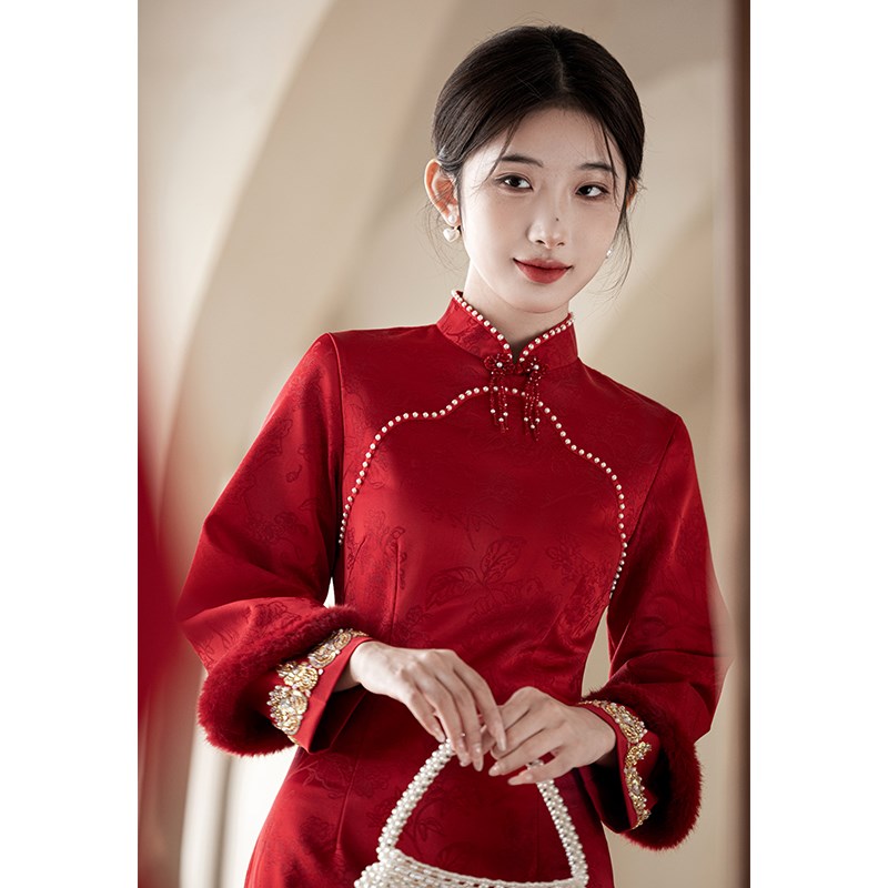 旗袍敬酒服新娘秋冬季加绒加厚新中式红色订婚衣服结婚礼服小个子