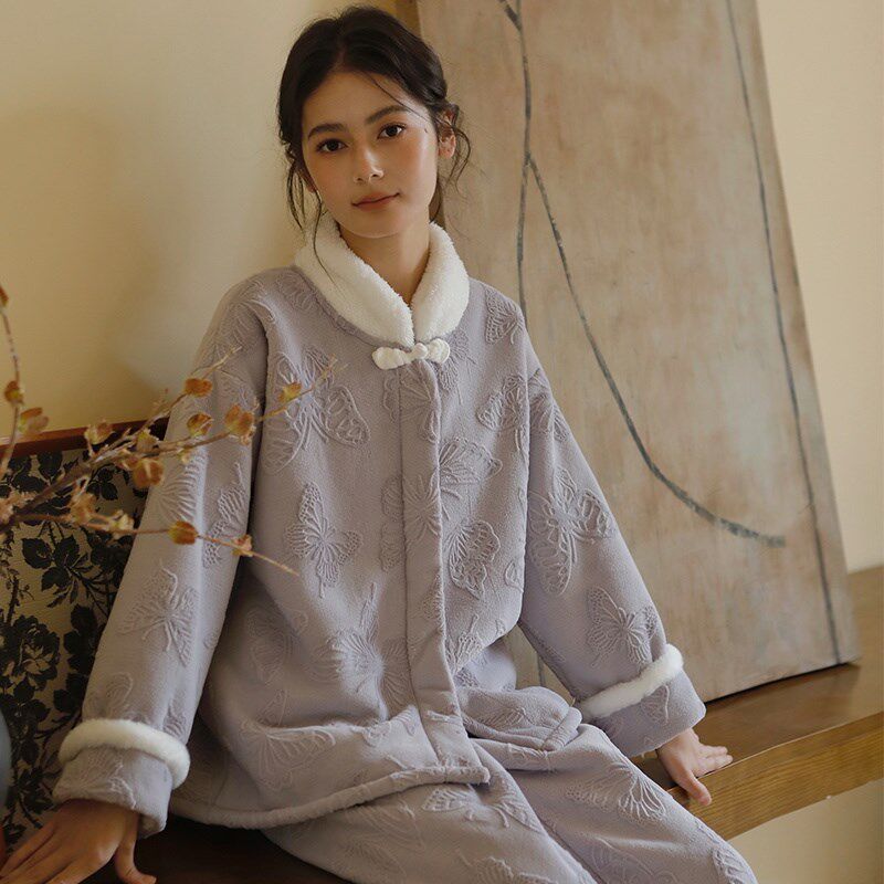艺录新中式家居服秋冬加绒加厚蝴蝶提花复古盘扣国风汉服睡衣套装