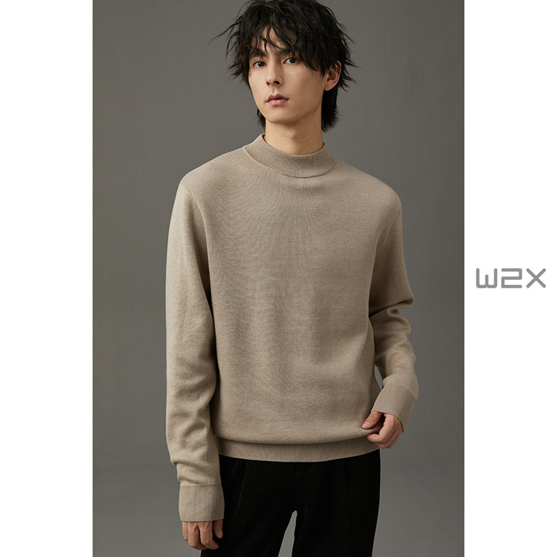 w2x2023新款冬季半高领毛衣男基础百搭中领加厚款针织打底衫线衣