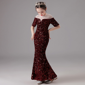 儿童礼服闪亮晚礼服修身拖尾公主裙女童时尚鱼尾裙主持人走秀演出