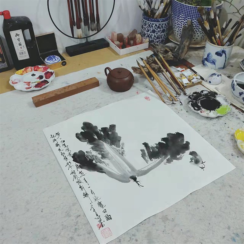 国画白菜蔬菜纯手绘画写意画三尺斗方字画木框挂画宣纸画芯水墨画