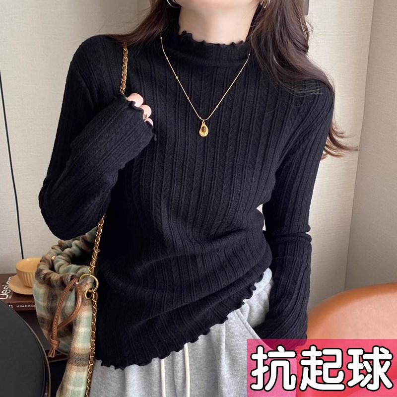 大码白色打底衫女内搭高级感半高领毛衣木耳边针织衫上衣胖mm秋冬