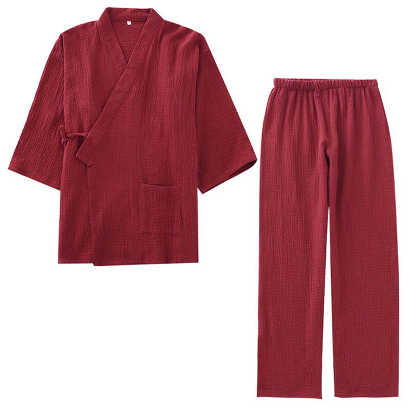 和服男春秋夏和服开衫双层纱布绉布宽松茶服红色本命年睡衣