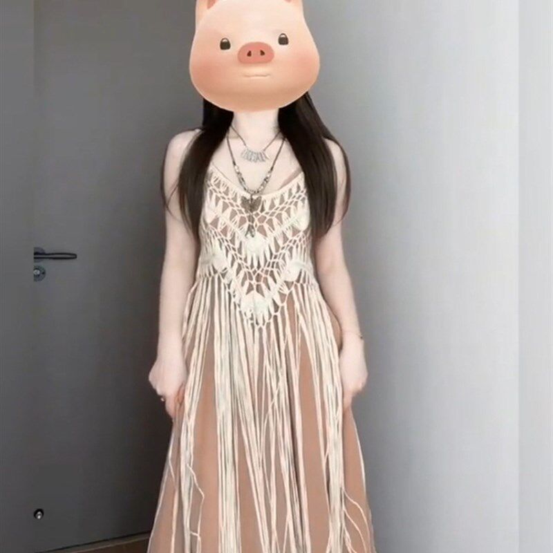 胖mm法式波西米亚v领吊带连衣裙女海边度假风长裙编织罩衫两件套