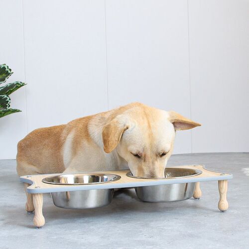 宠物餐桌狗碗大型犬双碗柯基金毛实木框不锈钢狗盆狗碗架老年狗