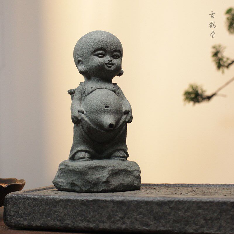 天然罗源青石童子茶漏 茶桌摆件撒尿小孩石雕茶宠喝茶可爱小摆件
