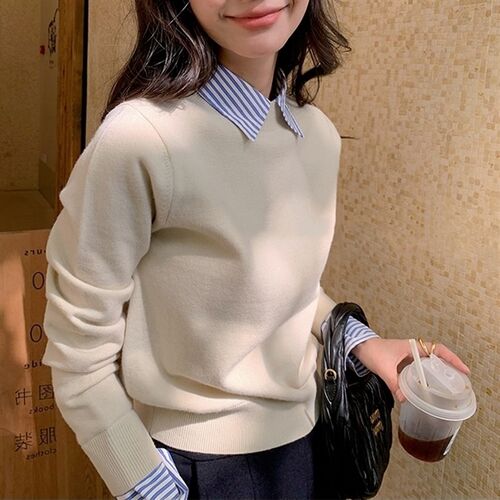 2023新款拼接衬衫领针织衫毛衣秋冬季打底衫假两件羊毛上衣套头女