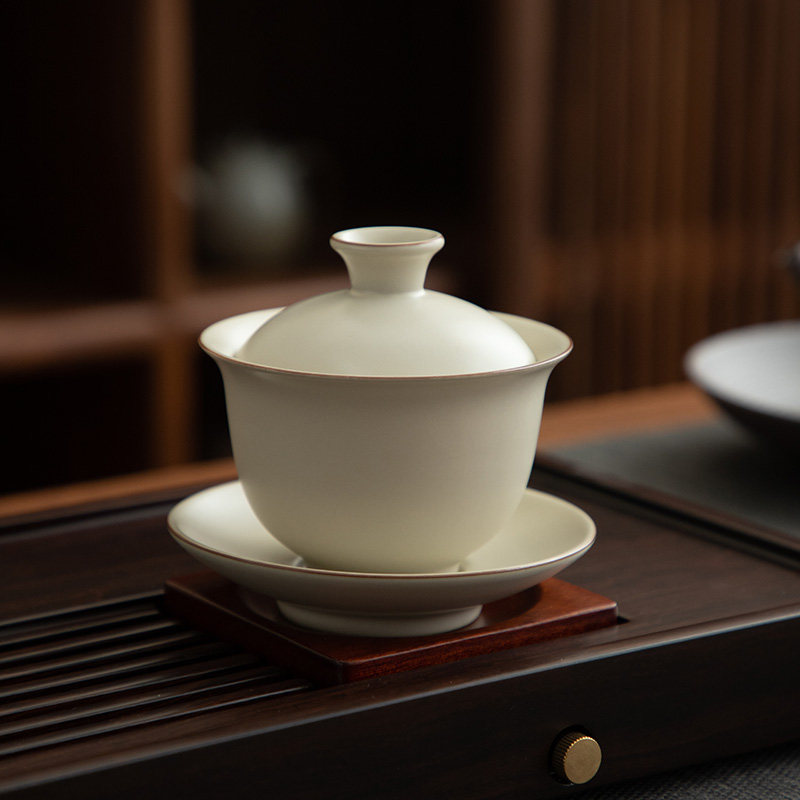 德化陶瓷米黄汝窑盖碗单个泡茶杯家用泡茶碗冰裂开片功夫茶具精工