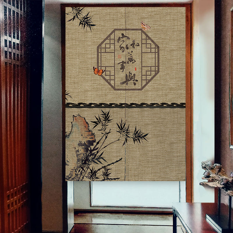 中式门帘古风布艺卧室客厅隔断帘玄关茶室挂帘免打孔布帘半帘定制